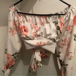 SHEIN Floral Tie-Front Blouse in White and Pink